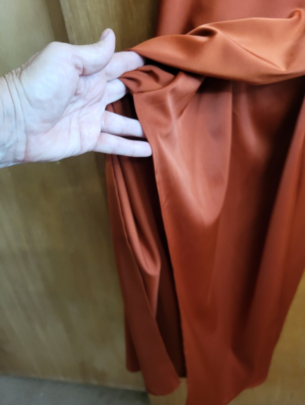 Lulu's Hollywood Woman Rust Orange Satin Cowl Neck Strappy Maxi Dress. Medium - Picture 16 of 16